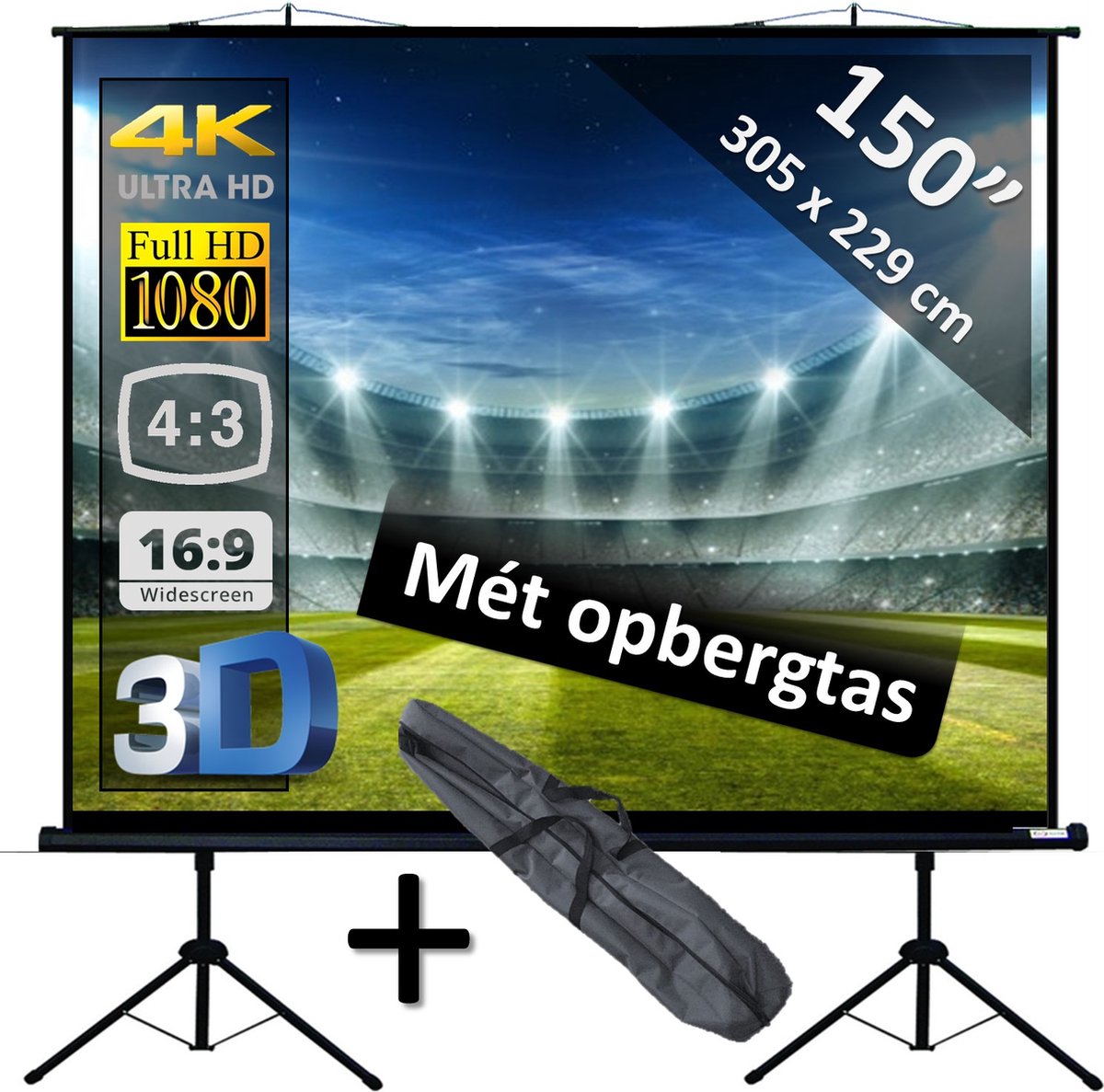 Statiefscherm 150" - 380cm - Projectiescherm op 2 statieven - 305 x 229 cm - 4:3 - beamer scherm tripod - mét opberghoes
