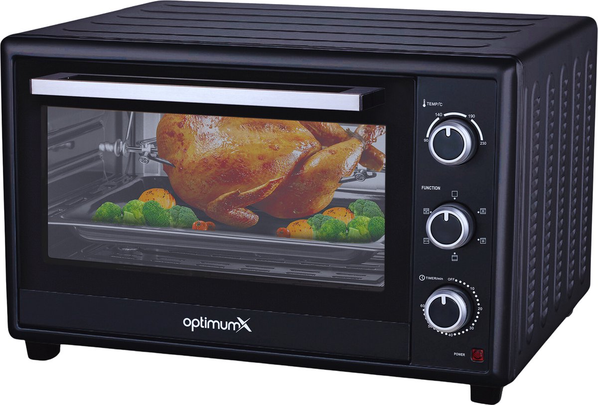 OptimumX Vrijstaande Mini Oven – 60L – XXL Convestie - Hetelucht - Draaispit - Timer - Zwart