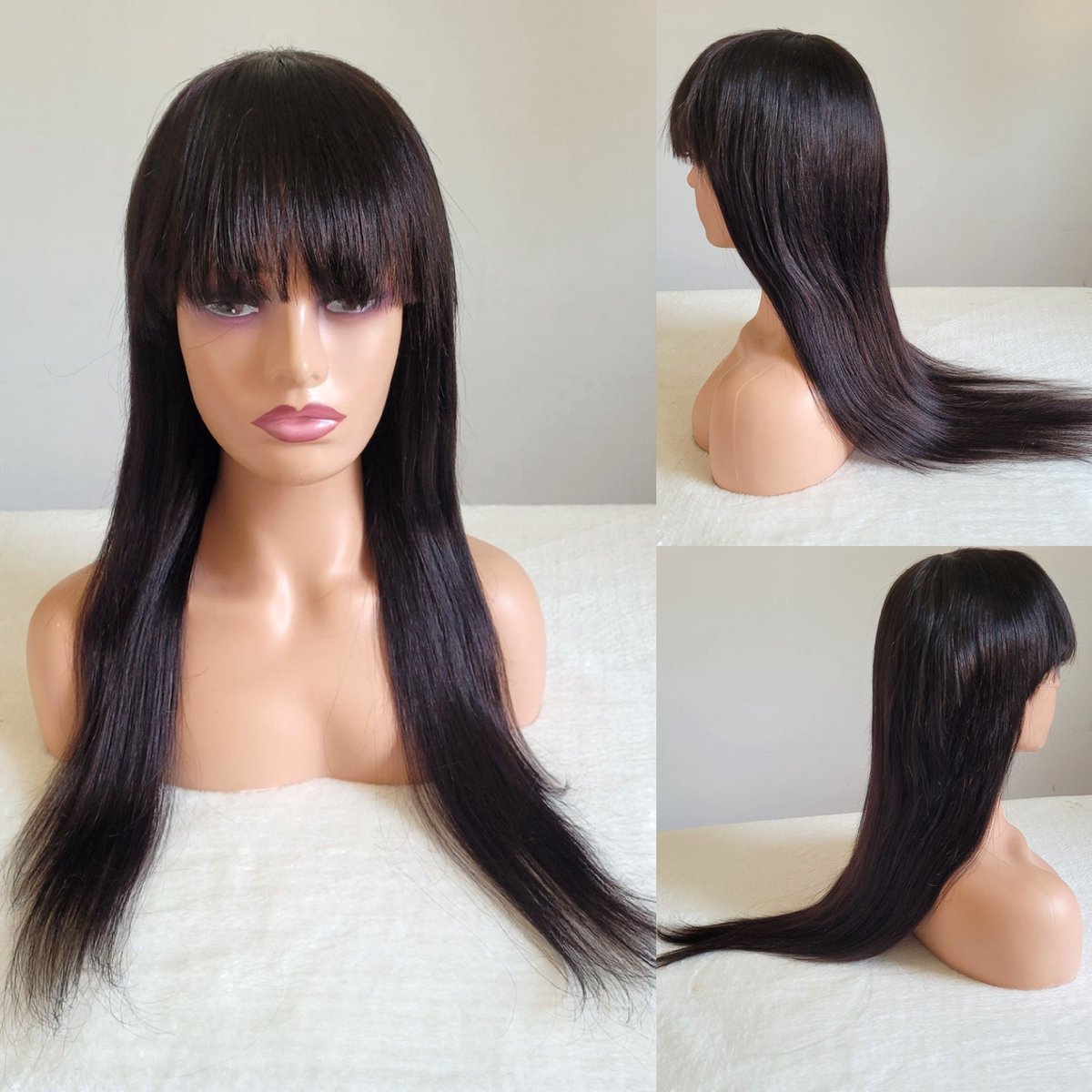 Braziliaanse Remy pruik 22 inch donkerbruine steil pruik met pony - menselijke haren - none lace pruik
