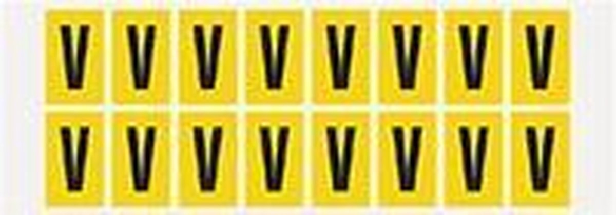 Letter stickers alfabet - 20 kaarten - geel zwart teksthoogte 25 mm Letter V