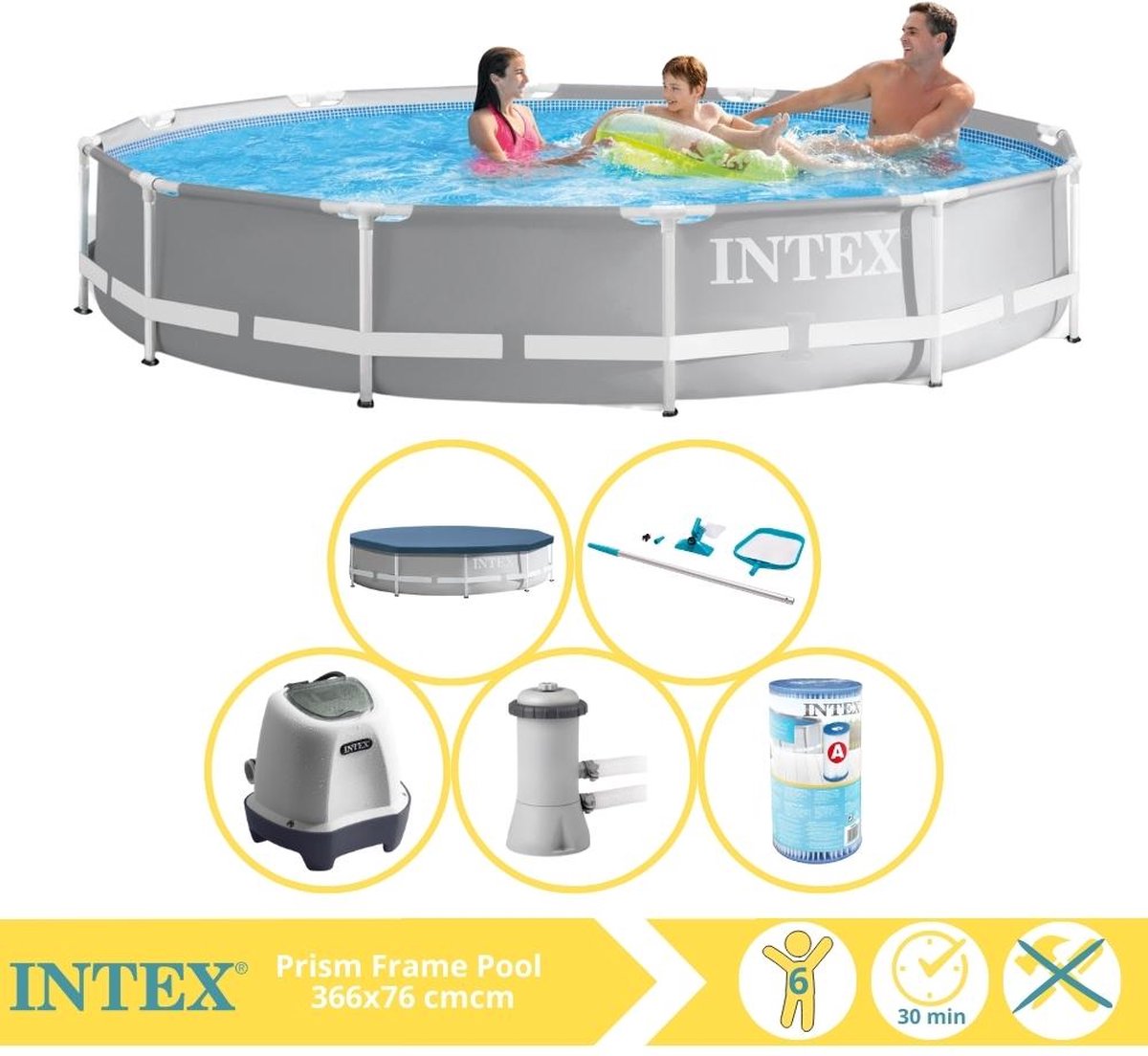 Intex Prism Frame Zwembad - Opzetzwembad - 366x76 cm - Inclusief Afdekzeil, Zwembadpomp, Filter, Onderhoudsset, Zoutsysteem en Zout