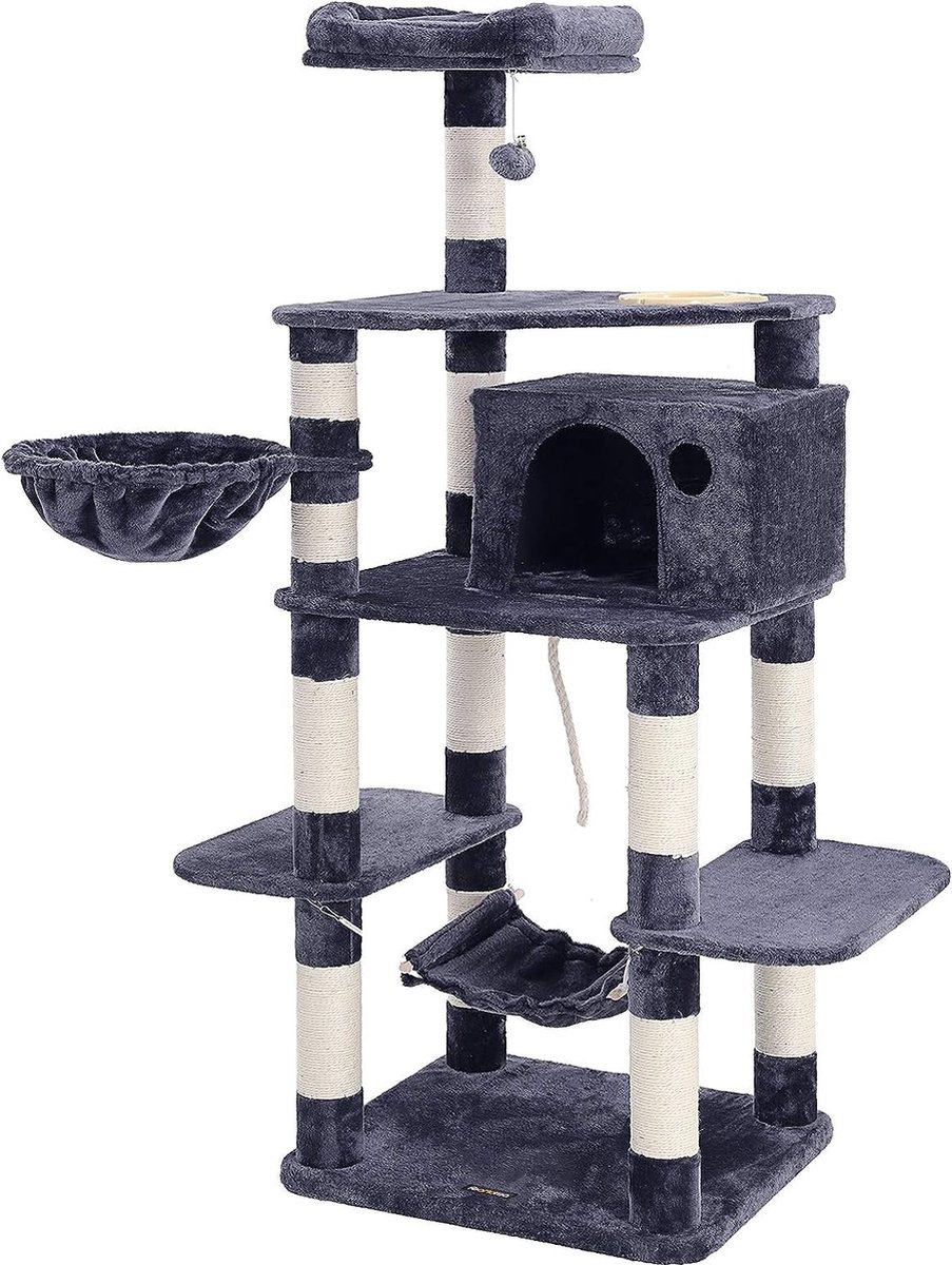 Multi-Level Kattenboom Met Voerbak, Sisal-Bedekte Kraspalen, Hangmat, Mand En Condo, Kattenmeubelen Voor Kittens, 164 Cm, Grijs