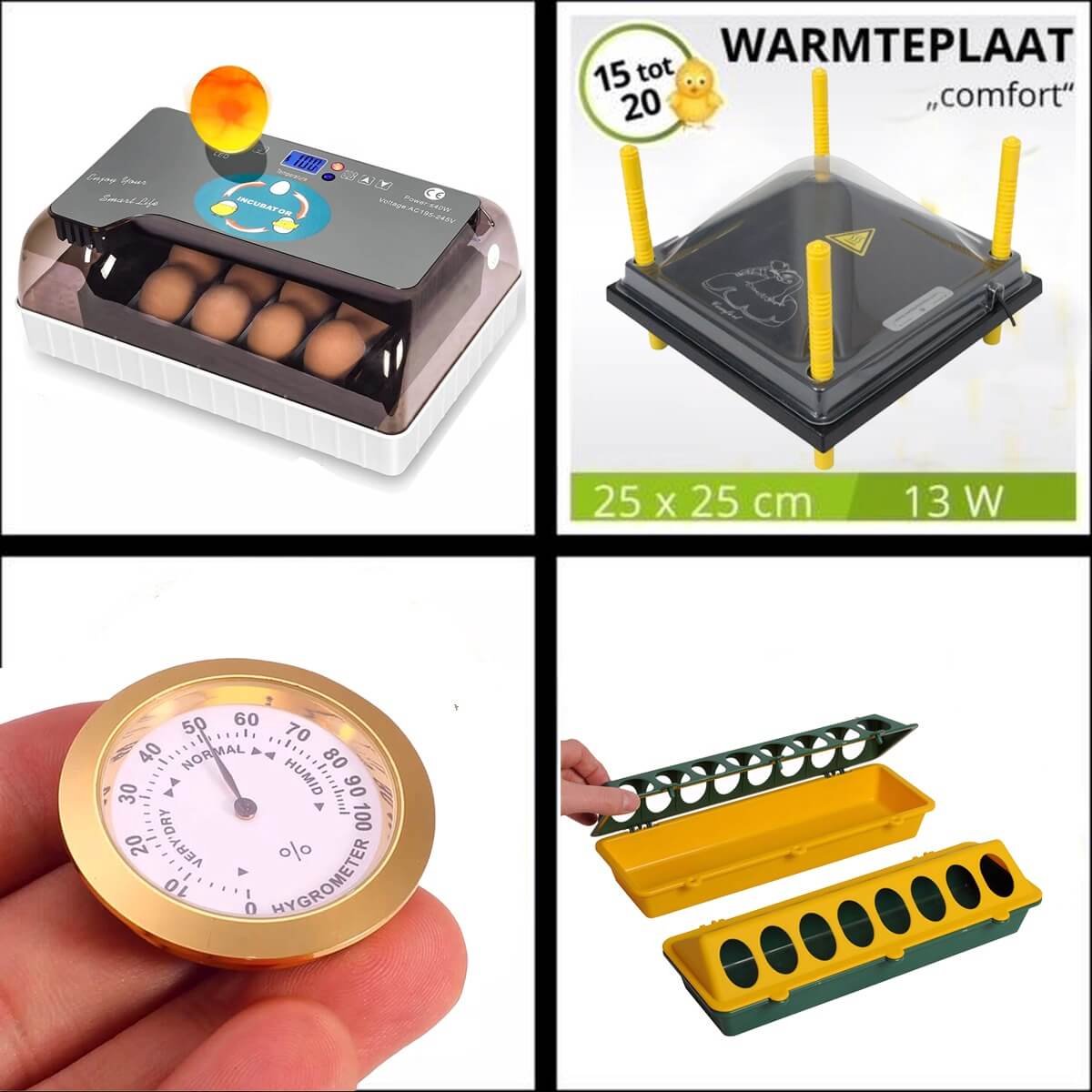 Compleet broedpakket: Smart Broedmachine YZ12-60 eieren inclusief kuiken startpakket – voerbak – hygrometer – Comfort warmteplaat 25 x 25 cm met afdekkap