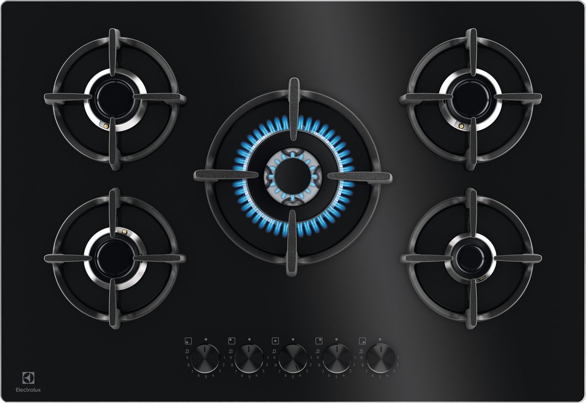 Electrolux EGG75372K, Zwart, Aanrecht, 75 cm, Gaskookplaat, Glas, 5 zone(s)