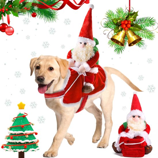 Hondenkostuum Kerstmis, Hondenkerstkostuum, Hondenkostuum Kerstmis voor katten en honden met de Kerstman, Rijdend op huisdier, Geschikt voor kleine tot grote honden (L, Rood)