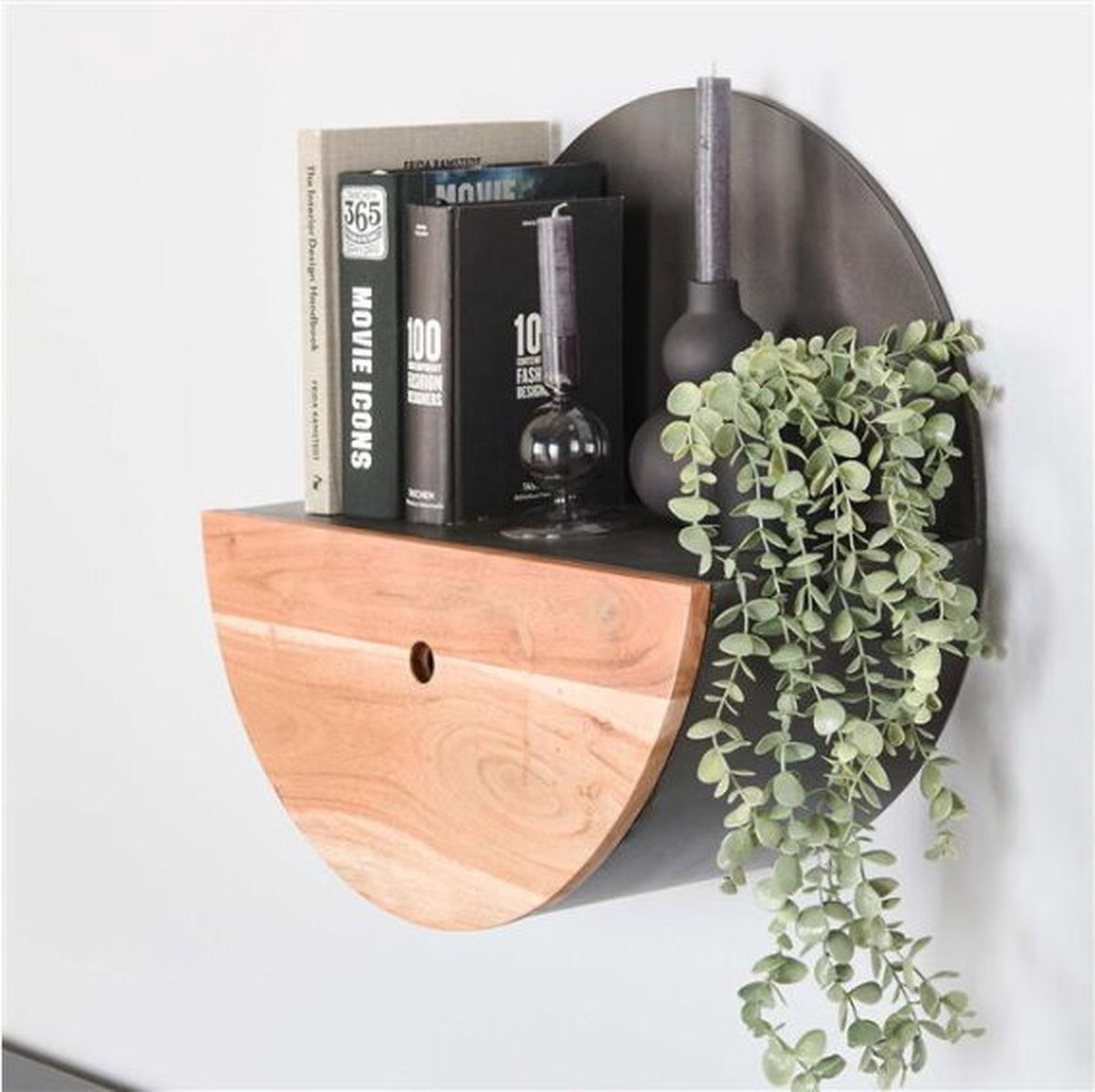 Wandschap half moon Ø50 met lade - Massief acacia