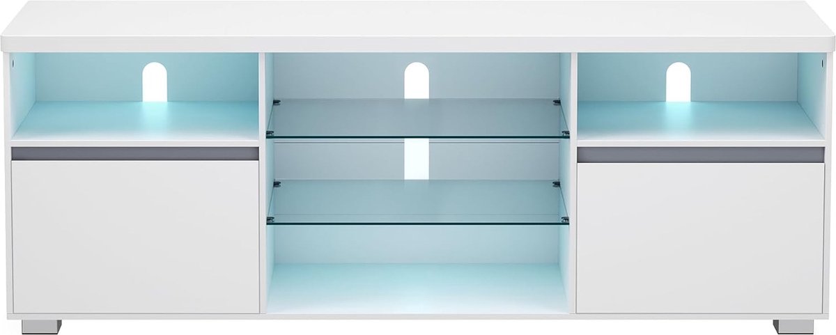 TV-meubel met LED-verlichting, TV-tafel, TV-standaard voor TV's tot 70 inch met open planken, 2 kasten met deuren, 160 cm, voor woonkamer, Wit LTV331T10