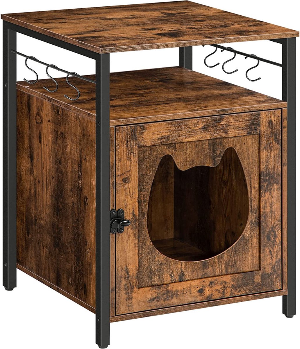 Kattenhuis - Kattenbak - Kattenhuis met 6 Verwijderbare Haken, Kattengrot, Enkele Deur en Open Plank, Kattenbak, Grote Opbergruimte, Stal, Bank, Kattenladekast, Woonkamer, Hal