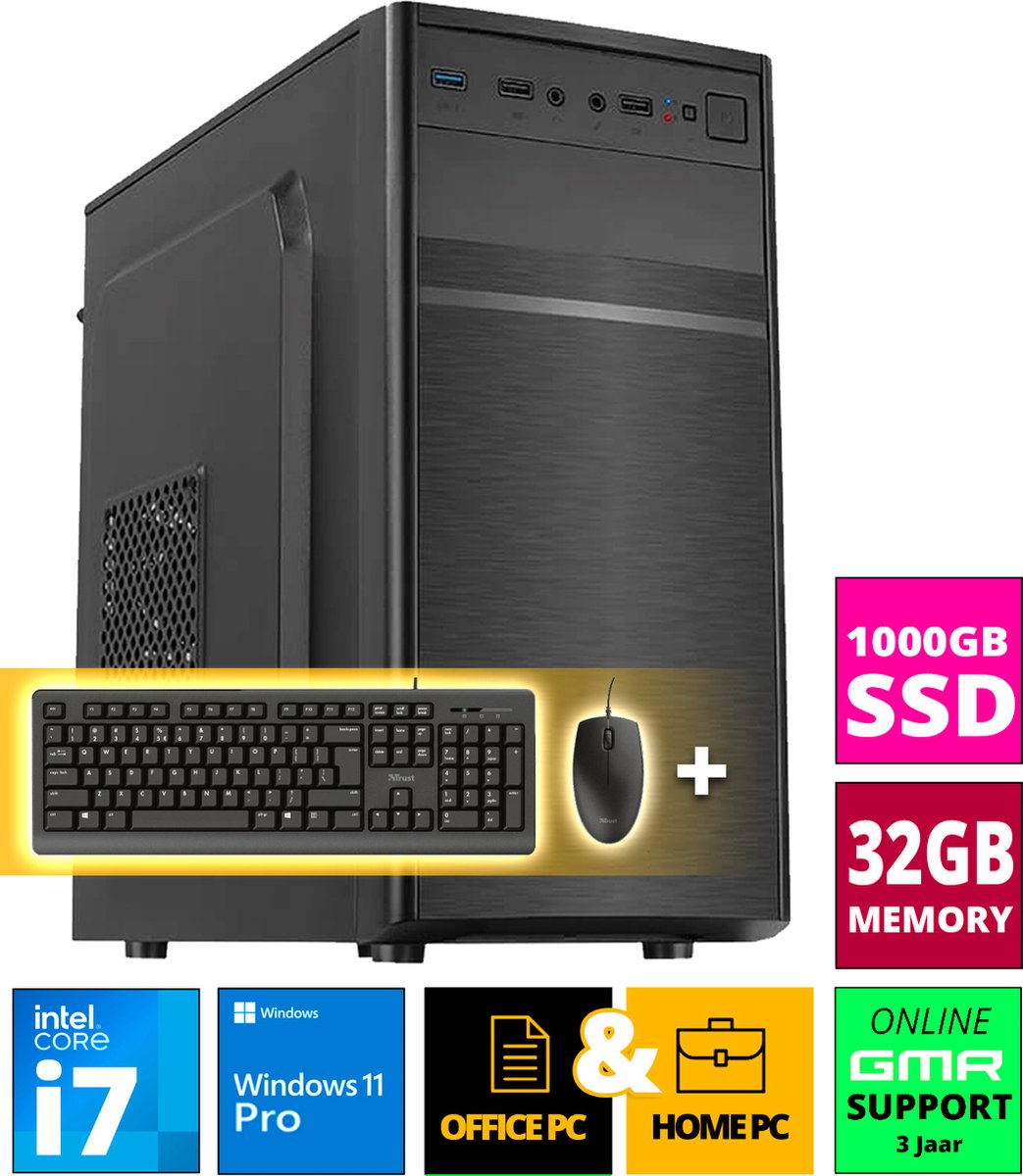 Intel Desktop PC met Core i7 - 32GB RAM - 1000GB NVMe M.2 SSD - WiFi - Bluetooth - Windows 11 Pro - Inclusief Muis & Toetsenbord
