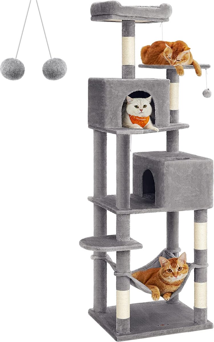 Krabpaal 191 Cm - Pluche Multi-Level Kattenflat Voor Binnenkatten Met 5 Krabpalen, 2 Grotten, Hangmat, 2 Pompons, Lichtgrijs