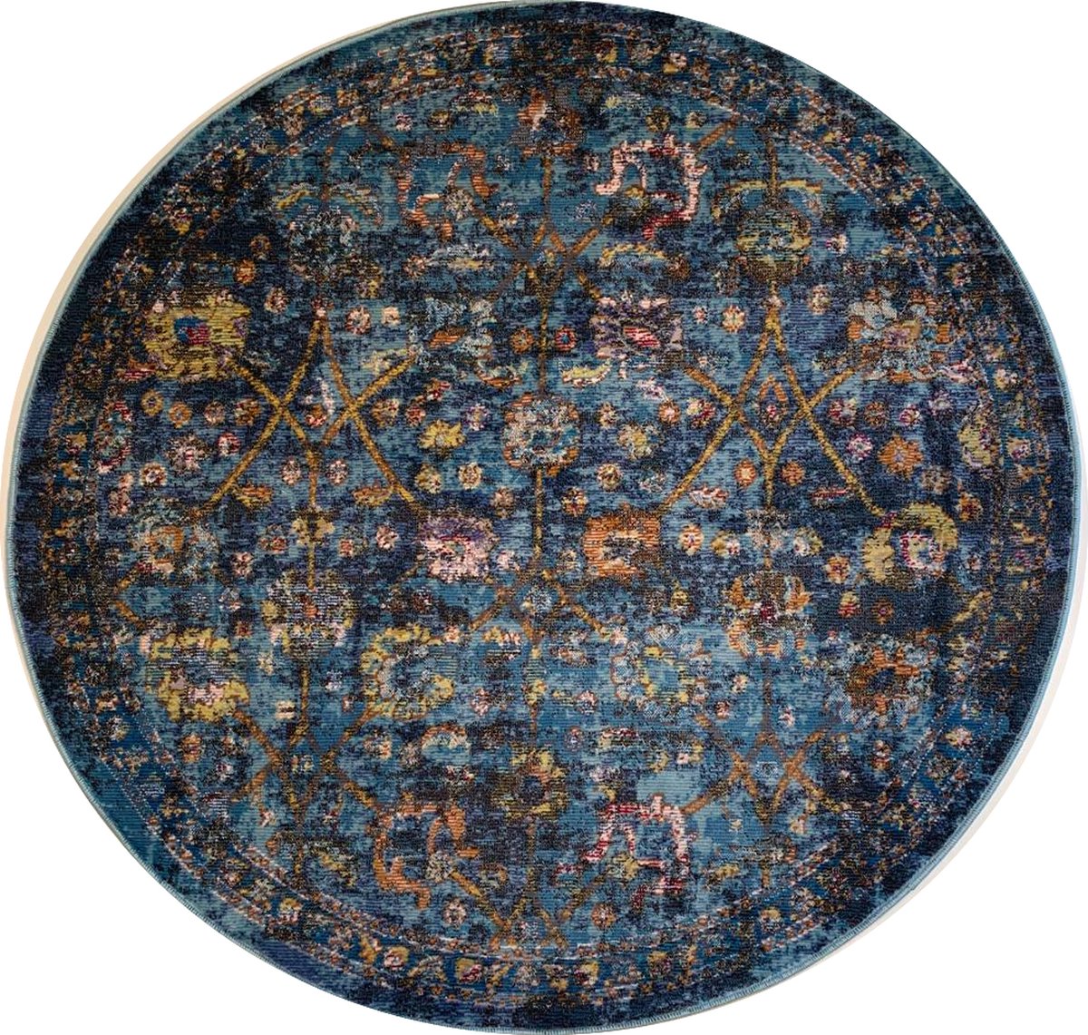 Picasso Sarough Vintage Vloerkleed - Laagpolig Tapijt Woonkamer - Blauw - 200 CM ROND