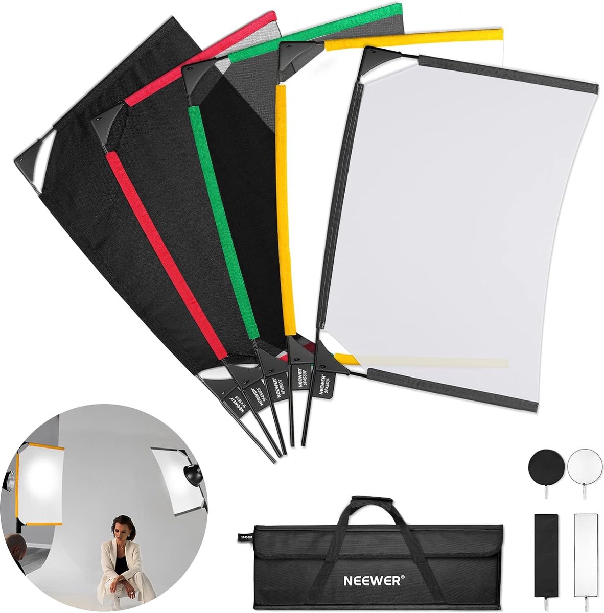 293 Neewer® c - NEEWER Foldable Scrim Flag Kit, 18x24in/45x60cm 5 In 1 Photography Flag Panel Lighting Reflector Diffuser Light Modifier Shaper for Soft - Diffused & Light Effects, Carrying Bag Included - SF4560F