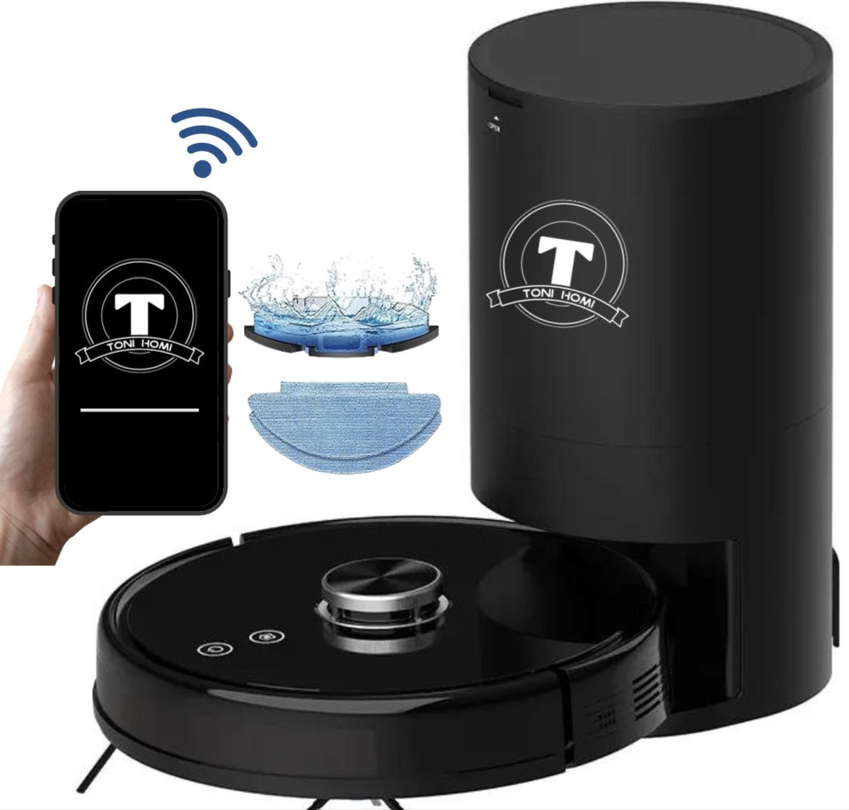 TONIHOMI® V8Pro - Robotstofzuiger met dweilfunctie - Robotstofzuiger huisdieren - Automatisch legen - Robotstofzuiger met laadstation - LDS Laser navigatie - Dweilrobot - Zwart