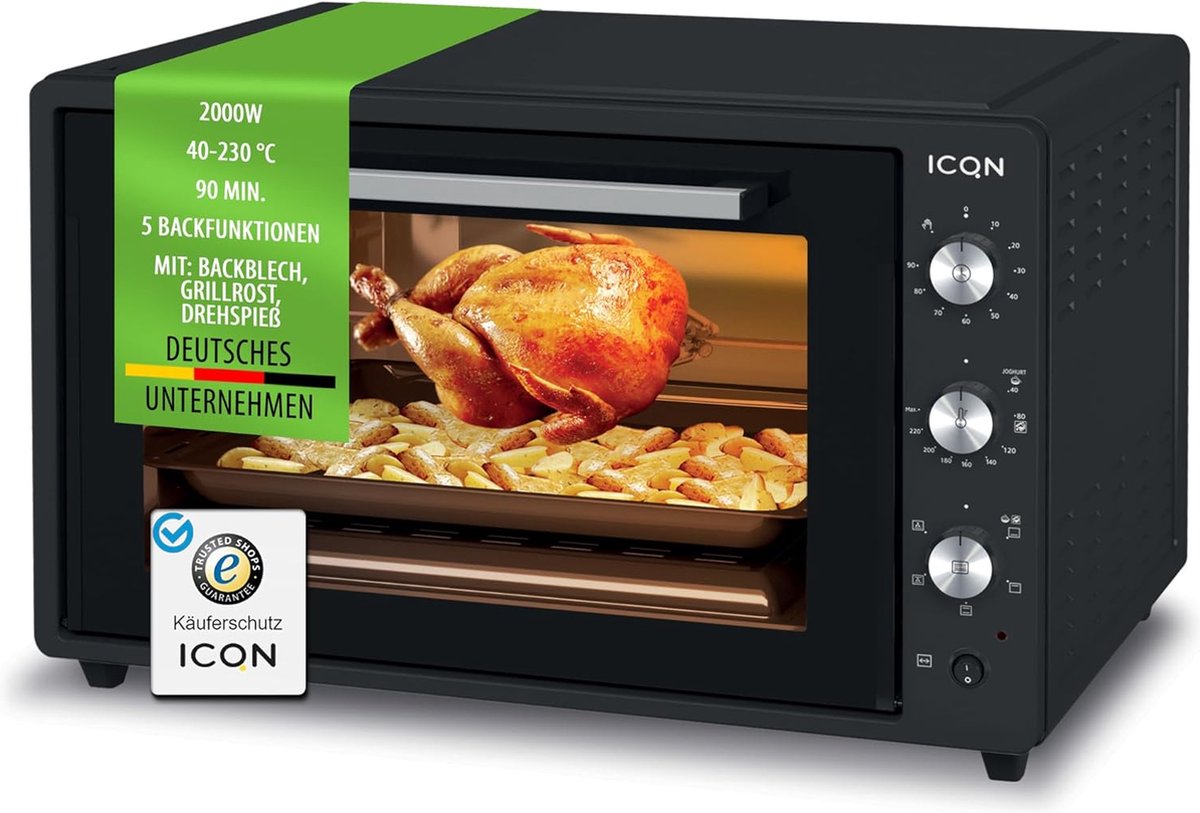 Mini oven - Vrijstaand - 60 liter - Pizzaoven - Braadspit - Elektrische mini-oven - Zwart - Antraciet