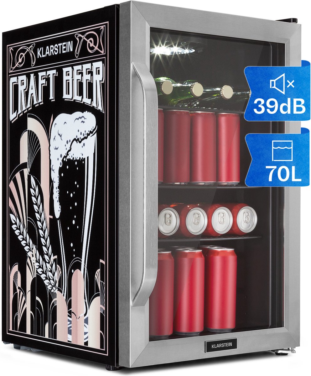 Klarstein Beersafe 70 Craft Beer Edition - Vrijstaande Koelkast -Volume: 70 Liter - Design Editie - 3 Verchroomde Metalen Roosters - Interne Temperatuur: 0 Tot 10 °C - Draaiknop - Dubbel Geïsoleerde Glazen Deur - RVS - Zilver