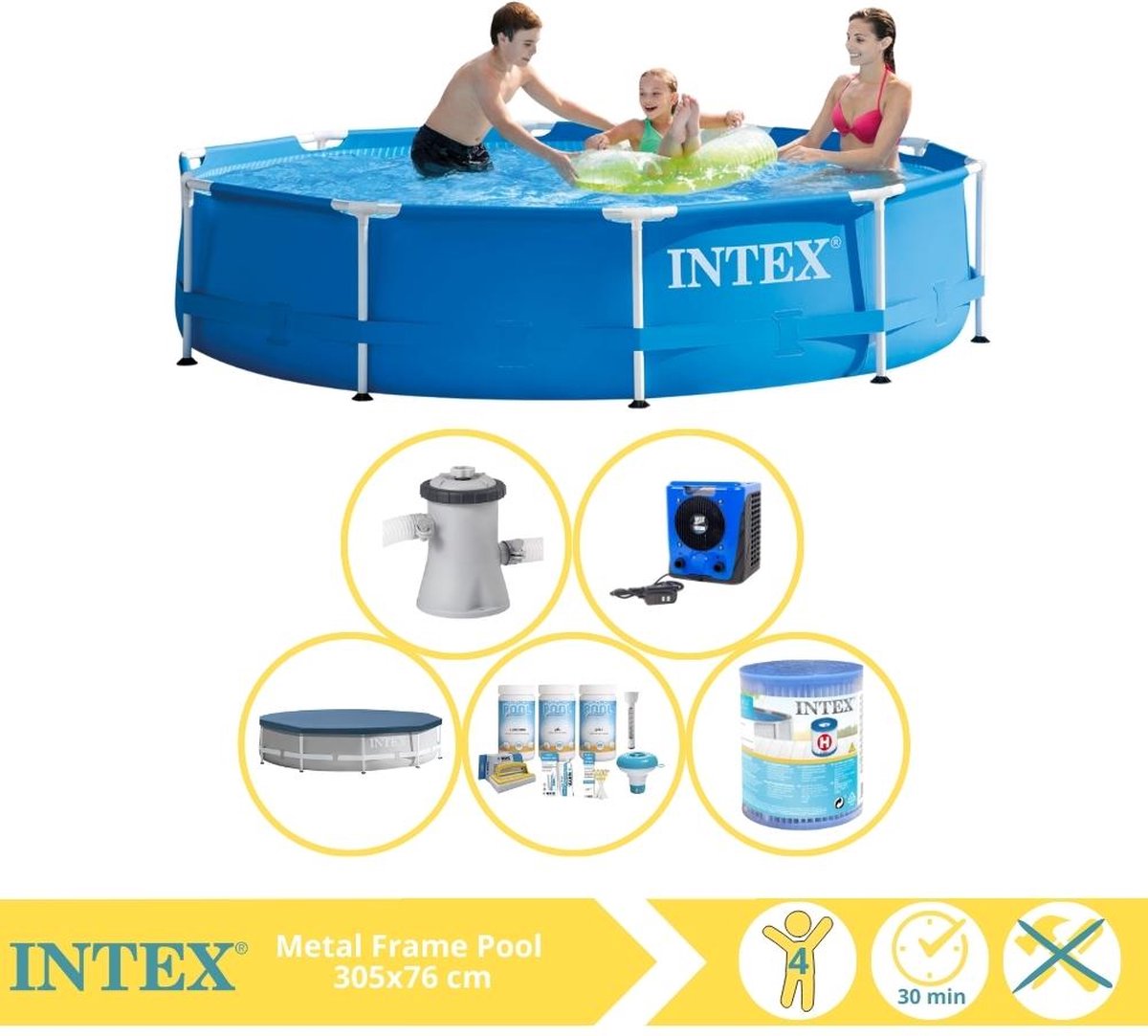 Intex Metal Frame Zwembad - Opzetzwembad - 305x76 cm - Inclusief Afdekzeil, Onderhoudspakket, Filter en Warmtepomp HS