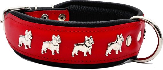 Dog's Companion - Leren halsband Franse Bulldog - Lengte: 50cm (40-47cmx40 mm), Kleur: Rood / Zwart