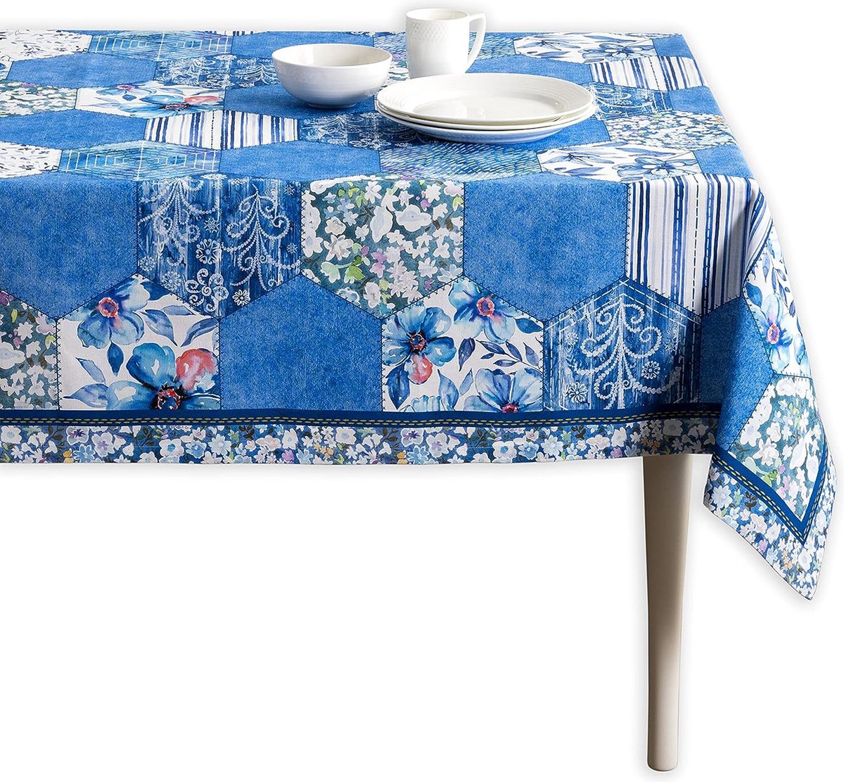 Tafelkleed, 100% catoen, 160 cm x 220 cm, decoratief tafelkleed, wasbaar, vierkant, tafelkleed voor moederdag cadeautjes, eten, bruiloft, buffet, zomer blauw - lente/zomer