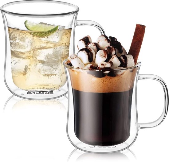 Latte Macchiato glazen, 350 ml, dubbelwandige glazen, set koffieglazen van borosilicaatglas, theekopjes met handvat, cappuccino kopjes voor koude en warme dranken, 11 x 9,2 cm