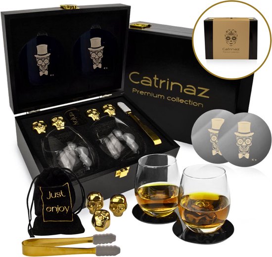 Catrinaz® - Luxe Whiskey set - Tequila set - Skull design - Incl. 2 tumblers 350ml - 4 goudkleurige RVS whiskey stenen - 2 onderleggers - Fluwelen opbergzak - ijstang - Luxe geschenkdoos - Uniek cadeau + E-BOOK - Cadeau voor man