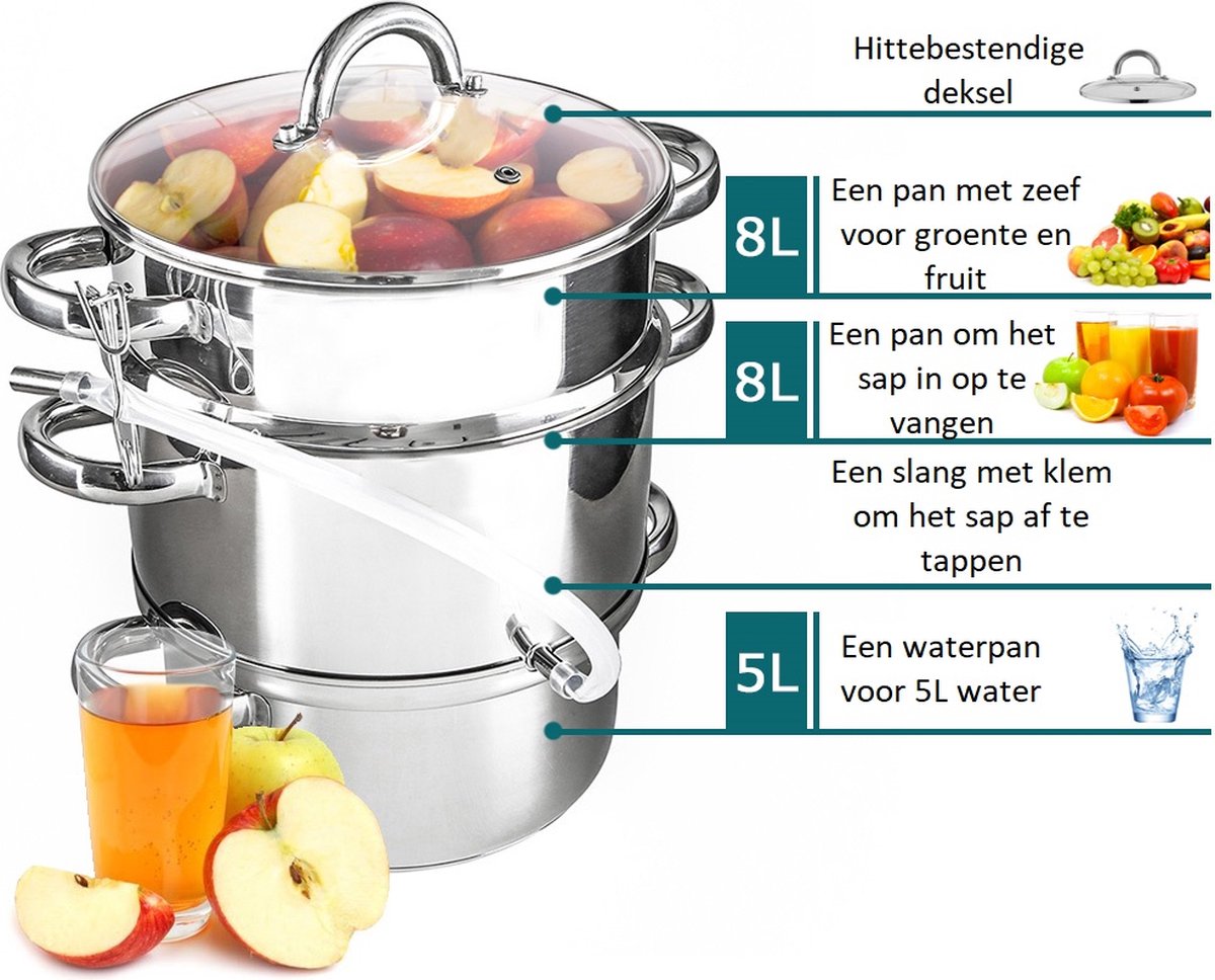 Altom Design professionele 6-delige sapcentrifuge pan/ slowjuicer voor op het fornuis 8L - Juicer - Sappan - Ontsapper - Stoomextractor - Fruit juicer - RVS