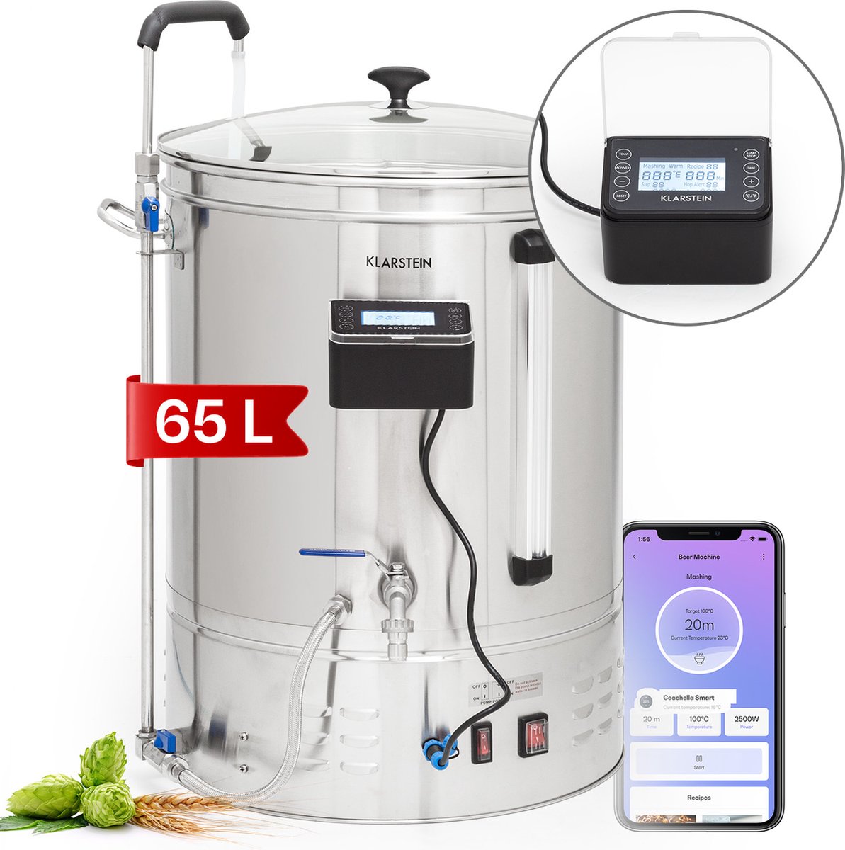 Klarstein Brauheld Smart 65 Maischketel - Bierbrouwinstallatie - App Bedieining - Volume: 65 Liter - 100 - 2500 W - Memorybrew: 11 Programmeerbare Stappen - Timer - 30 - 100 °C - Anti-Burn-Circulation - Mashflow - Lc-Display - Roestvrij Staal
