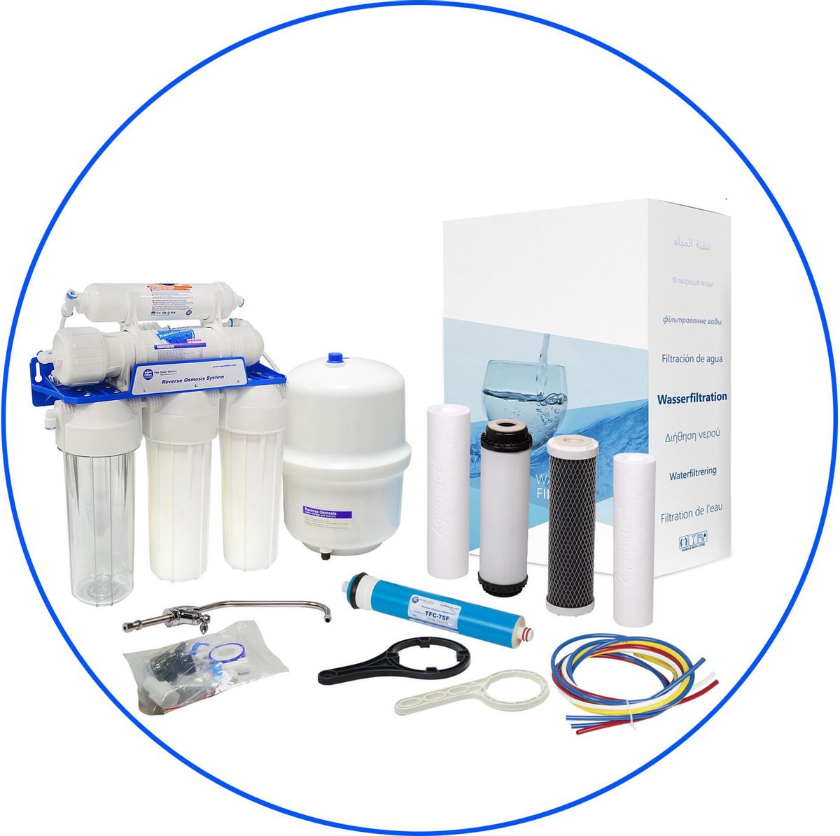 Zelfbouw huishoudelijk 5 staps osmosesysteem met opslagtank . Osmoseapparaat osmosetoestel osmose