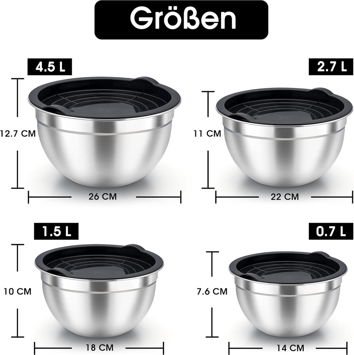 Kom met deksel, 20 stuks roestvrijstalen mengkommen met accessoires - 4,5 l / 2,7 l / 1,5 l / 0,7 l, ideaal voor het bereiden, mengen, bakken of serveren, stapelbaar (zwart)