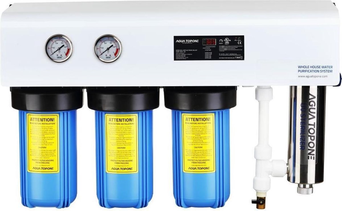 VHW104 Drinkwater UV Filter Systeem, 4 traps , 30 liter/minuut . Maakt van vervuild met LOOD en andere zware metalen veilig drinkwater voor uw hele huis  of bedrijf. Heeft een KDF en GAC filter patroon voor o.a LOOD. Uw eigen drinkwater voorziening !