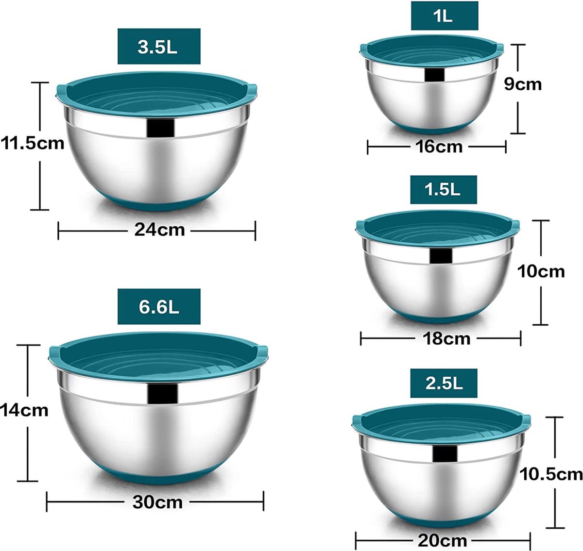 5-delige mengkommenset van roestvrij staal met luchtdicht deksel en antislip siliconen bodem, stapelbaar en veelzijdig, geschikt voor de vaatwasser,