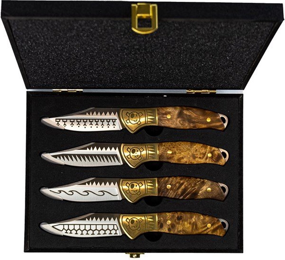 Homey's Schiffmacher 4-Delige Steakmessenset - 8cm - Wortelnotenhout - Tattoo Bedrukking - Giftbox