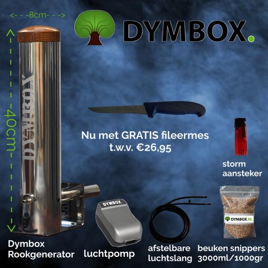Dymbox 2,3L koud rookgenerator incl. fileermes t.w.v. €26,95. set bevat 4KG/ 16liter Beuken rookhout, luchtpomp - voor rookovens, rookkasten en BBQ ( cold smoker ) koud rook generator CSG