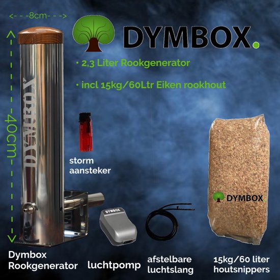 Dymbox 2,3L koud rookgenerator incl. 10 Eiken rookhout snippers (incl. luchtpomp starters set) voor rookovens rookkasten en BBQ ( cold smoker ) koud rook generator CSG