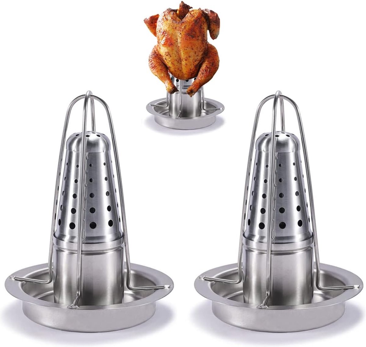 Chicken Roaster - The Stainless Steel Chicken Holder - Beer Can Chicken Grill - Poultry Roasting Tray with Aroma Container (Pack of 2) (2)