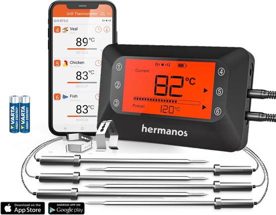 Hermanos® Vleesthermometer - Digitale BBQ Thermometer Draadloos - Oventhermometer - Bluetooth met app - 6 Meetsondes - Magneet - Incl. Batterijen
