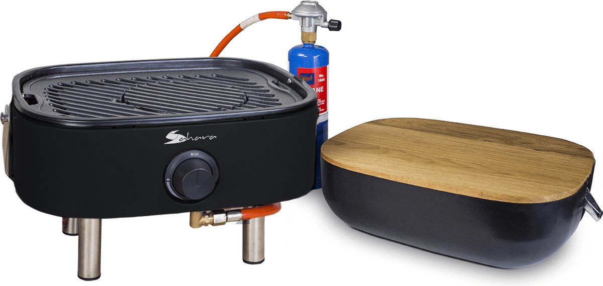 Deluxe Mini draagbare Gas BBQ - Zwart - met propaanpatroon Bernzomatic - gietijzeren grill - met slang en regelaar - snijplank