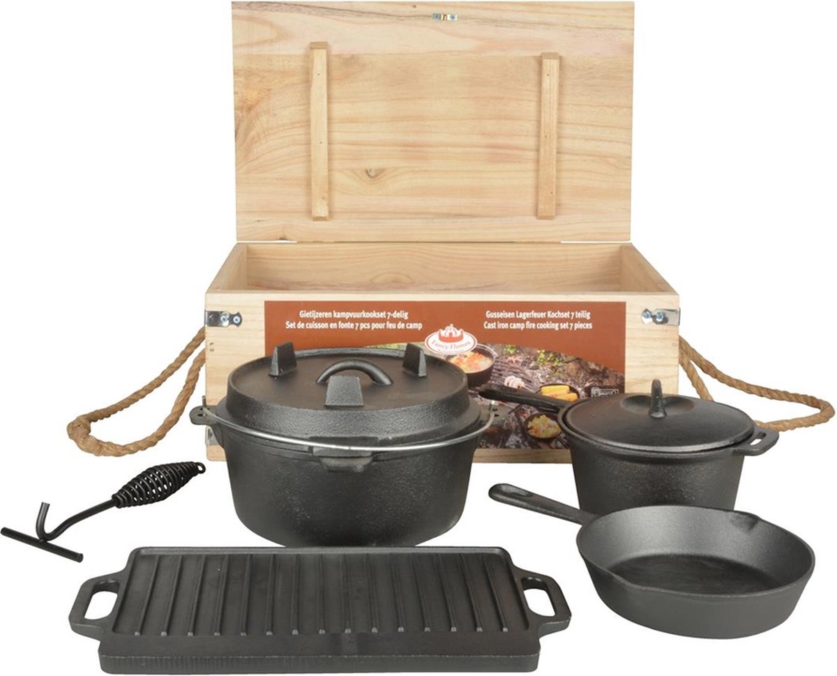 Gietijzeren Kampvuurkookset 7-delig met Dutch Oven - Esschert Design - Gietijzer - Buiten Koken - Kampvuur Kook Set