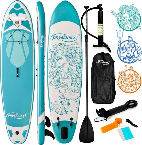 Physionics - Stand Up Paddle Board - 320cm - Opblaasbaar SUP Board - Verstelbare Peddel - Handpomp met Manometer - Rugzak - Reparatieset - Paddle Board - Surfboard - Nymph Mintgroen