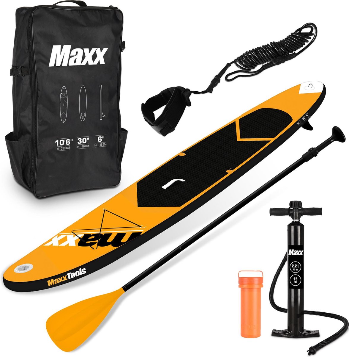 MaxxToys SUP Board Set - Opblaasbaar - Verstelbare peddel - Pomp - 305x71x12cm - Oranje