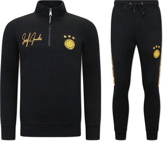 Heren Joggingspak - Half Zipper, Double Ribbon - Zwart / Geel