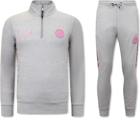 Heren Joggingspak - Half Zipper, Double Ribbon - Grijs / Roze