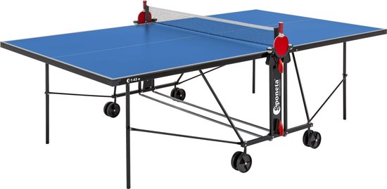 Sponeta® S1-43e Tafeltennistafel Outdoor - Pingpongtafel voor buiten - Speeltoestel - Inklapbaar - Verrijdbaar - Zelftrainer - Inclusief net en batshouder - 4 mm dik weerbestendig blauw blad - 10 Jr garantie - Lxbxh 274X152,5X76 cm - Made in Germany