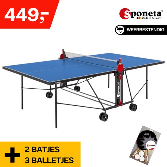 Sponeta® S1-43e Tafeltennistafel Bundel - Inclusief Batjes + Balletjes - Inklapbaar - Verrijdbaar - Inclusief 2 tafeltennisbatjes houder en tafeltennisnet - Hoge kwaliteit - Buitentafel - 10 jaar garantie - LxBxH 274x152,5x76cm