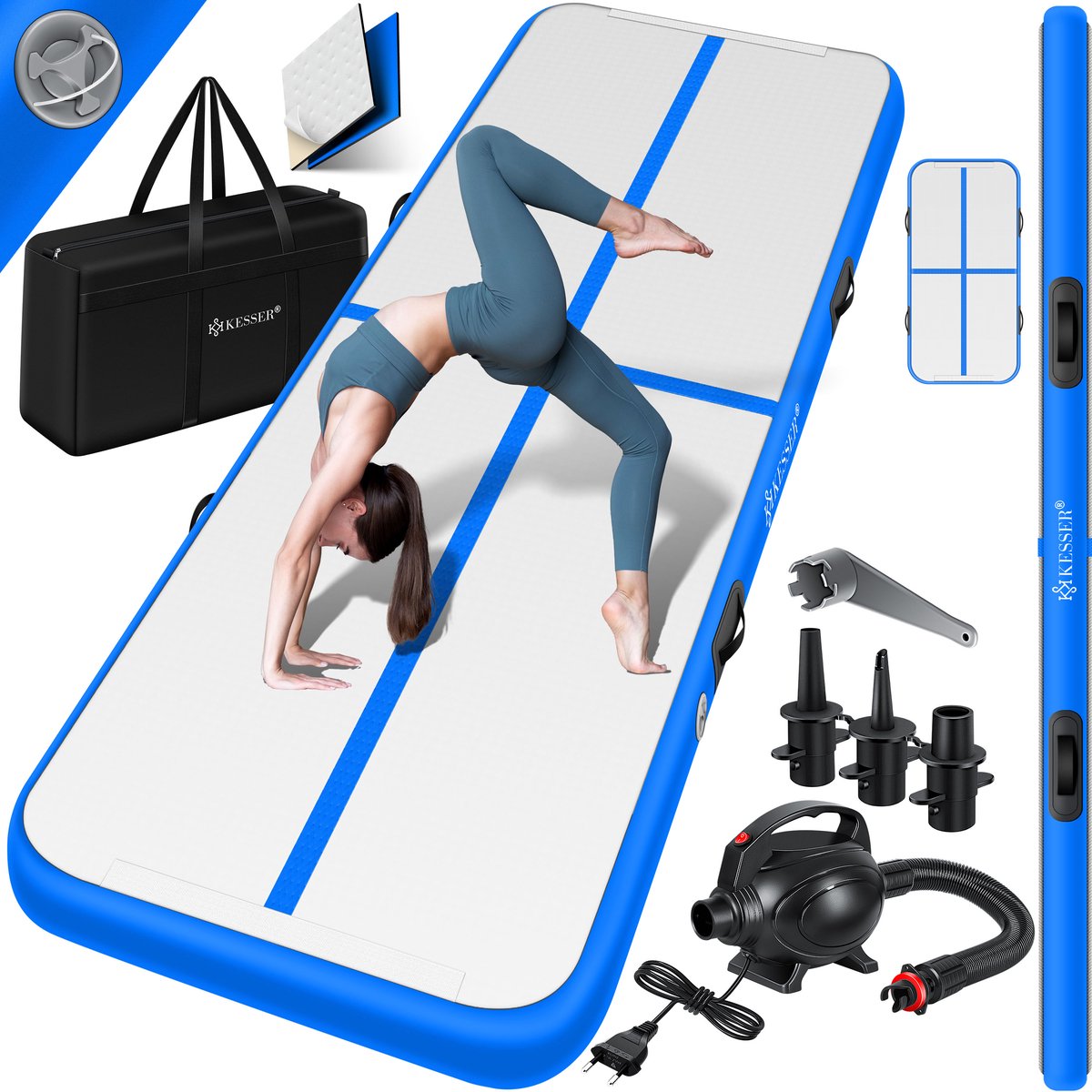 KESSER® Gymnastiekmat Opblaasbare Airtrack Fitnessmat|Yogamat,Tumblingmatten,Trainingsmat,Sportmat |Sporten & Spelen|Buiten & Binnen|incl. Draagtas & Electr. Luchtpomp - Blauw / 2M
