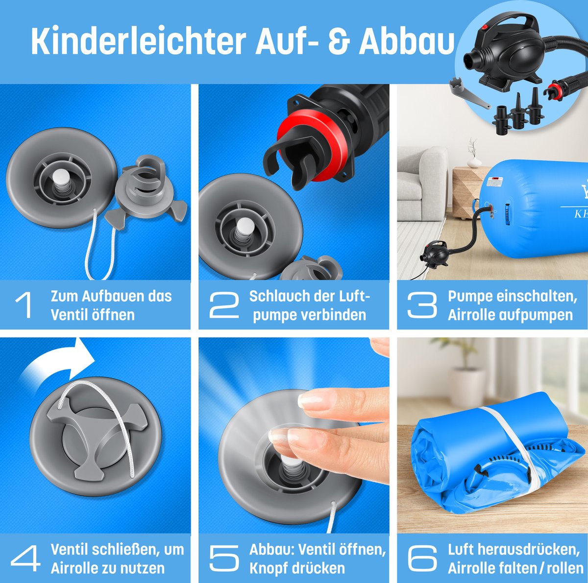 KESSER® Airtrack Turnmat opblaasbaare Gymnastiek Rol - Air Roll voor Gymnastiek & Turnen Fitness Mat Bal Rol met elektrische lucht-pomp Gymnastiekrol - Blauw, 120 x 90 cm