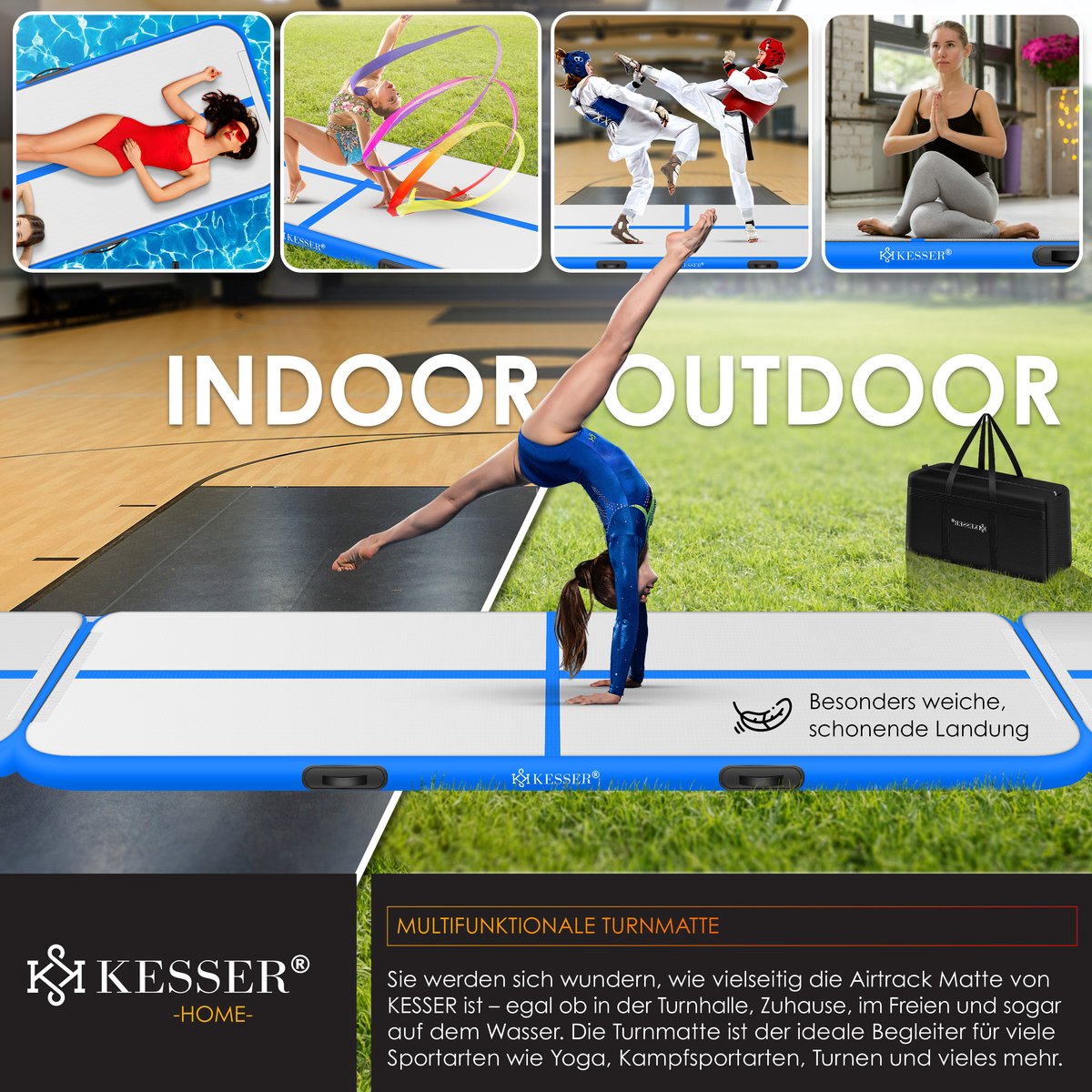 KESSER® Gymnastiekmat Opblaasbare Airtrack Fitnessmat | Yogamat - Tumblingmatten - Trainingsmat - Sportmat | Sporten & Spelen | Buiten & Binnen | incl. Draagtas & Electr. Luchtpomp - Blauw / 3M