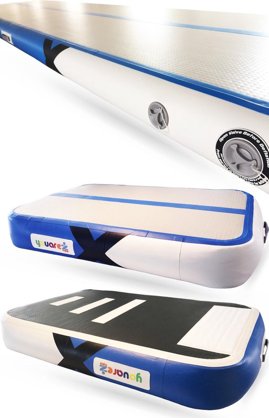 YouAreAir Turnmat combi — AirTrack Pro + AirBoard 4.0 | 3x1x0,15 M + 0,7x1x0,15 M | 50% gem. meer volume | 3m + 1m Gymnastiek Air mat set met extra accessoire + luchtpomp