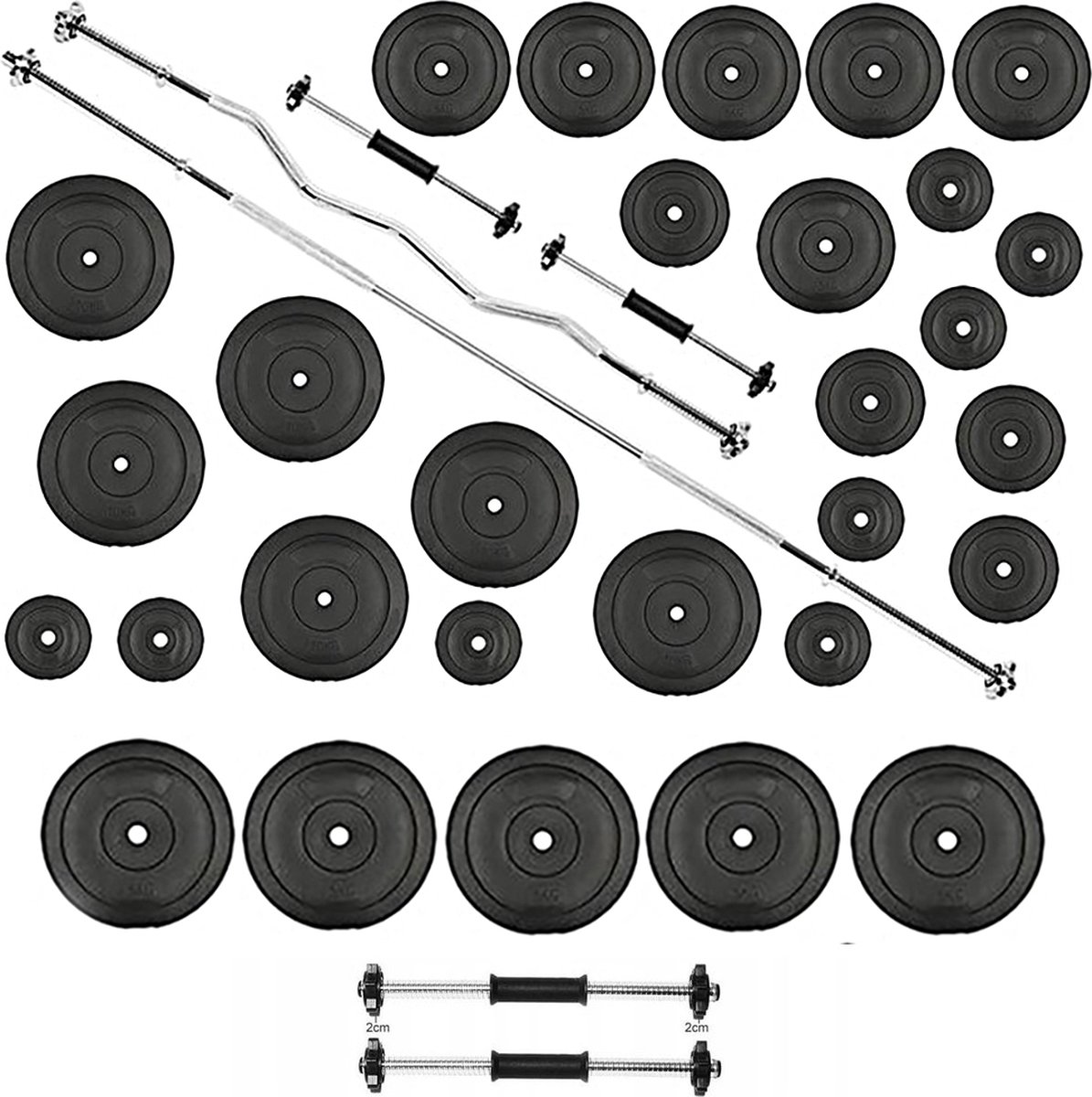 180 kg Halterset XXL Gewichtenset Dumbbellset 180 KG HALTERSCHIJVEN + 4 Dumbbell stangen 45cm + Halterstang Recht 180cm + Curl Stang 120cm