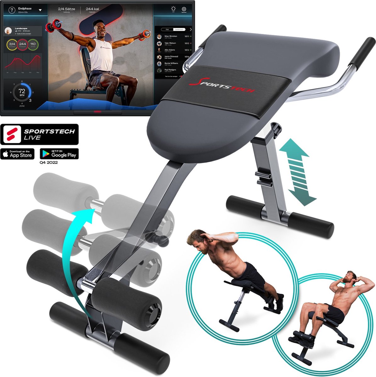 Sportstech BRT200 3in1 rugtrainer - buiktrainer - multifunctioneel - fitnessbank