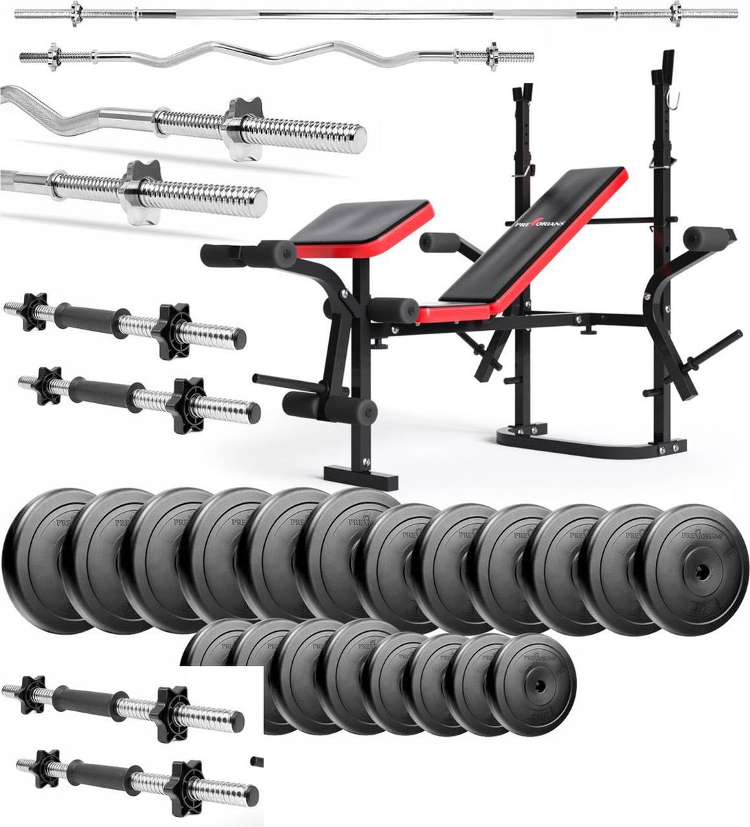 Halterbank inc. 105 kg GEWICHTEN - Sportbank - Fitnessbank + halterschijven + 2 halterstangen + 4 dumbbell stangen - multifunctioneel - volledig instelbaar – Opklapbaar